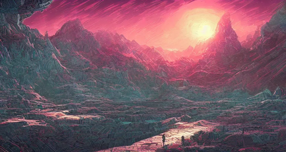Prompt: a scifi landscape sketch by Dan Mumford, by Tokio Aoyama,trending on artstation,intricate,2d,4k,pastel colors