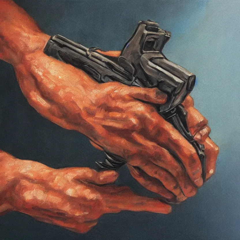 Prompt: oil painting of a human hand holding a gun