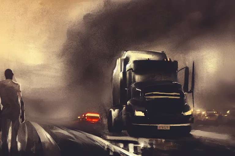 Image similar to epic concept art of an approaching truck and a man standing still. close - up man in foreground. backlight. strong contrast. by ashley wood and j. m. w. turner, speed painting, photo bash, cinematic angle, super detailing, strong perspective, traffic accident, haze over the shoulder shot