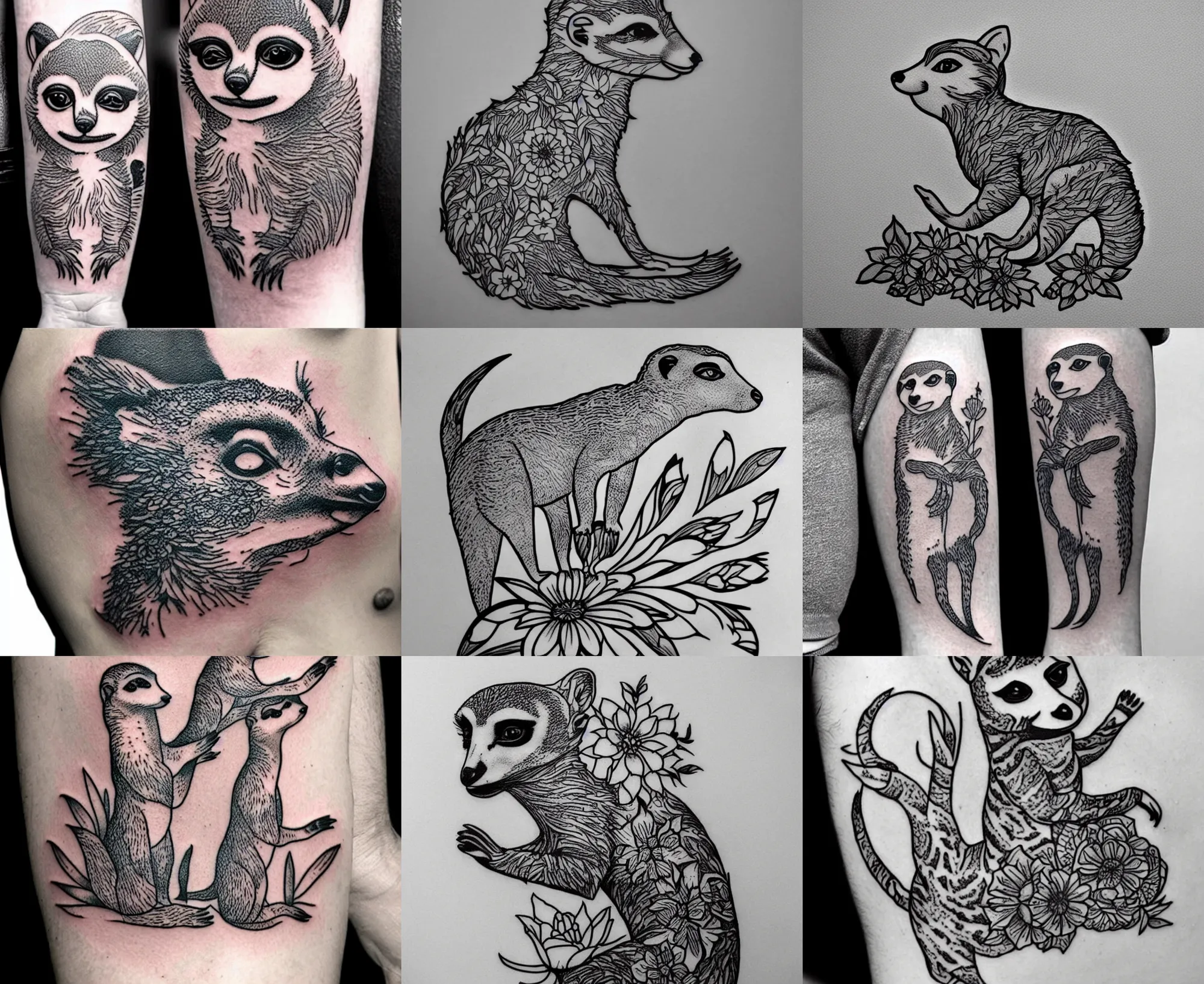 Prompt: detailed amazing tattoo stencil of a meerkcat standing flowers