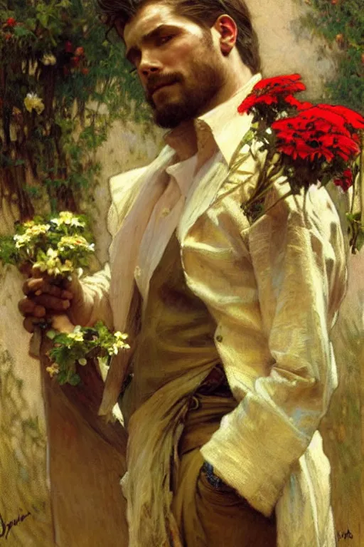 Prompt: attractive man holding flowers, painting by gaston bussiere, craig mullins, greg rutkowski, alphonse mucha