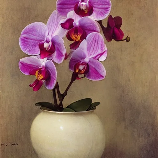 Image similar to art nouveou style painting of Phalaenopsis orchids, high detail by francis mucha, John William Waterhouse, William-Adolphe Bouguereau