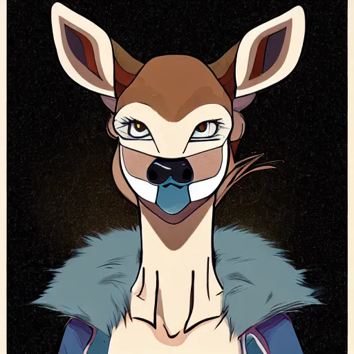 Image similar to a portrait of an anthropomorphic deer, furry fursona, in the style of hayao miyazaki and masamune shirow, soft lighting, wlop