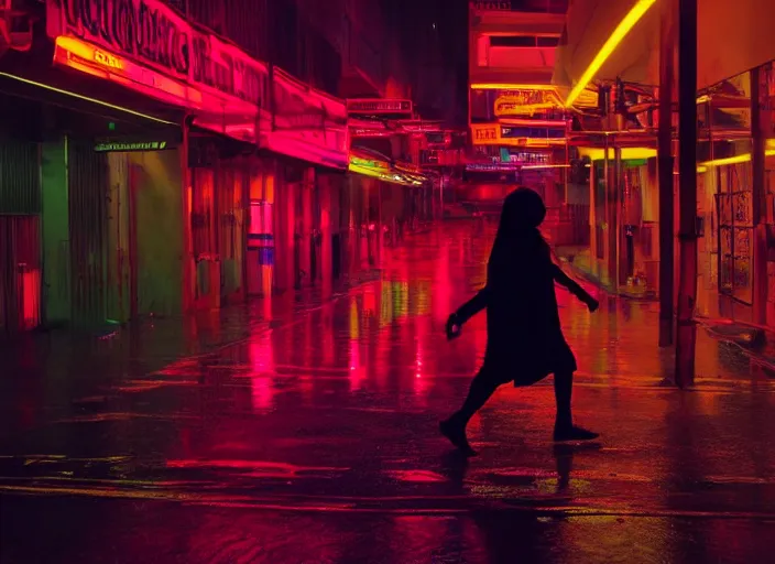 Prompt: a silhouetted person with long, flowing hair runs through an empty neon - lit brutalist city in the rain, colored gel lighting, reflective surfaces, midnight, portra, film grain, high contrast, hyperdetailed, chromatic aberration, reminiscent of the umbrellas of cherbourg, dynamic pose