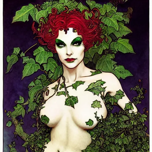 Image similar to a beautiful painting of professor poison ivy, botany, dark eyeliner, intricate, elegant, highly detailed, digital painting, artstation, concept art, matte, sharp focus, illustration, art by rebecca guay and by arthur rackham and by alphonse mucha and by john william waterhouse