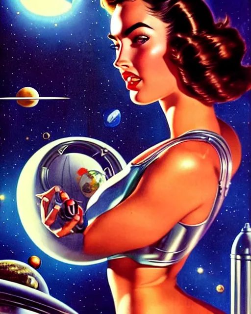 Image similar to closeup beautiful retro space megan fox varga girl, posing on a chrome space ship in diesel punk city, windblown dark hair, seductive, hyper detailed, digital art, smooth, sharp focus, gil elvgren, anna dittmann alberto vargas, 1 9 5 0, when mars attacks