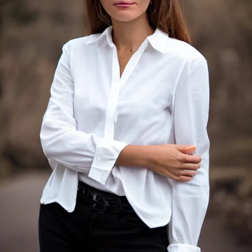 Prompt: photo of a woman wearing a white [ blouse ]