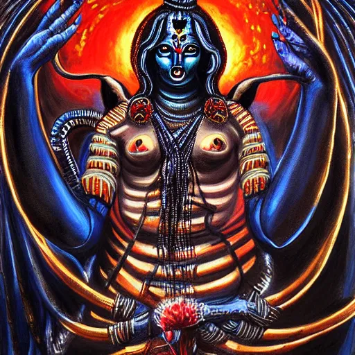 Image similar to beautiful painting of a sacrifice in honor of the goddess Kali Linux in the style of Welder Wings and H. R. Giger. Dark background, detailed, trending on Artstation