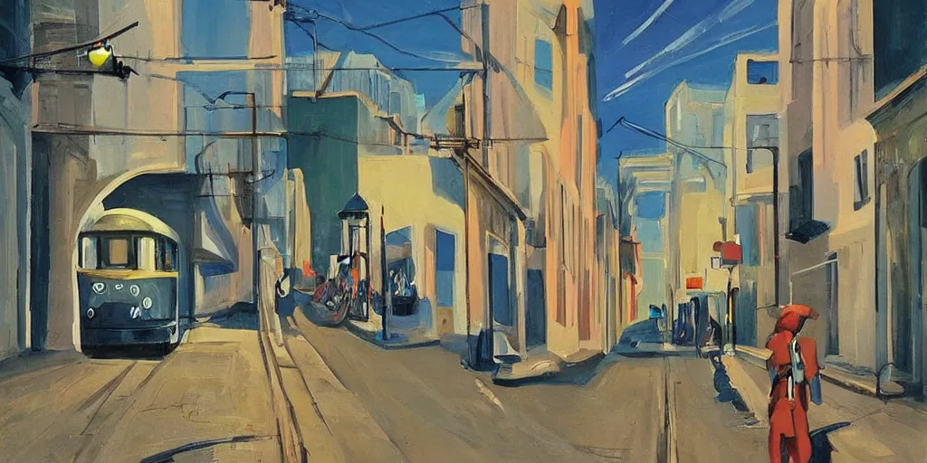 Image similar to street art. paralyzed by the indescribable beauty of the cosmos. amazing view of the electric trail from lisbon. art style by edward hopper daring, incredible