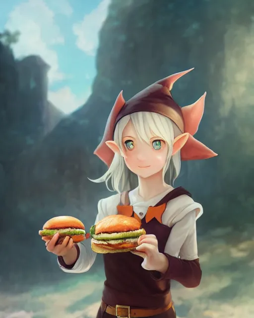 Image similar to adorable elf girl holding a burger, lord of the rings aesthetic, single subject, close centered shot of burger, ambient lighting, white hair, detailed face, by makoto shinkai, stanley artgerm lau, wlop, rossdraws