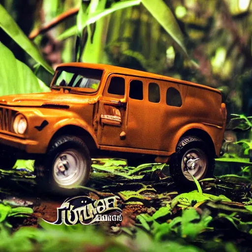 Image similar to 3 5 mm photo of militar car like hot wheels model in jungle as background, on an very epic cinematic