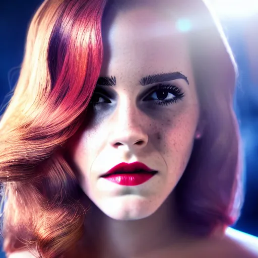 Image similar to Emma Watson as Jessica Rabbit, (Sony a7R IV, symmetric balance, polarizing filter, dynamic range, HDR, staggered depth)