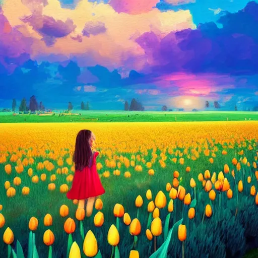 Image similar to girl with singular giant tulip as a head, surreal photography, flower field, sunset dramatic light, impressionist painting, colorful clouds, blue sky, digital painting, artstation, simon stalenhag