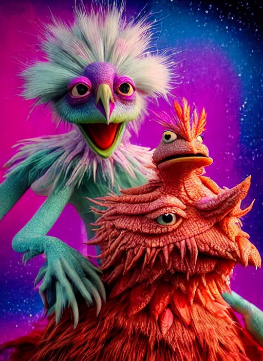 Image similar to hyper detailed 3d render like a Oil painting - kawaii portrait of two Aurora (a beautiful skeksis muppet fae princess protective playful expressive from dark crystal that looks like Anya Taylor-Joy) seen red carpet photoshoot in UVIVF posing in scaly dress to Eat of the Strangling network of yellowcake aerochrome and milky Fruit and His delicate Hands hold of gossamer polyp blossoms bring iridescent fungal flowers whose spores black the foolish stars by Jacek Yerka, Ilya Kuvshinov, Mariusz Lewandowski, Houdini algorithmic generative render, golen ratio, Abstract brush strokes, Masterpiece, Edward Hopper and James Gilleard, Zdzislaw Beksinski, Mark Ryden, Wolfgang Lettl, hints of Yayoi Kasuma and Dr. Seuss, octane render, 8k