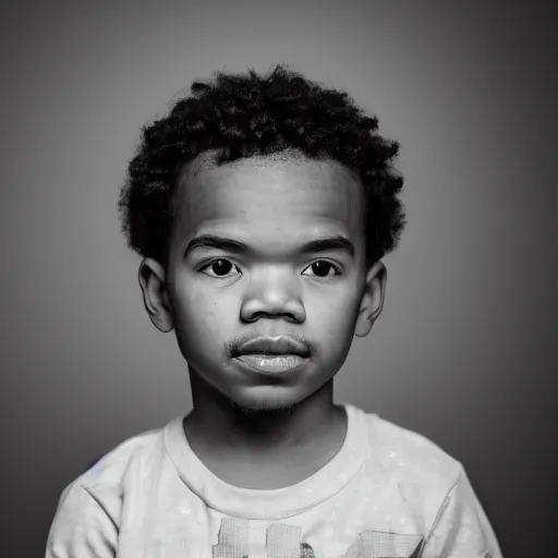 Image similar to the face of young chance the rapper at 1 years old, black and white portrait by julia cameron, chiaroscuro lighting, shallow depth of field, 8 0 mm, f 1. 8