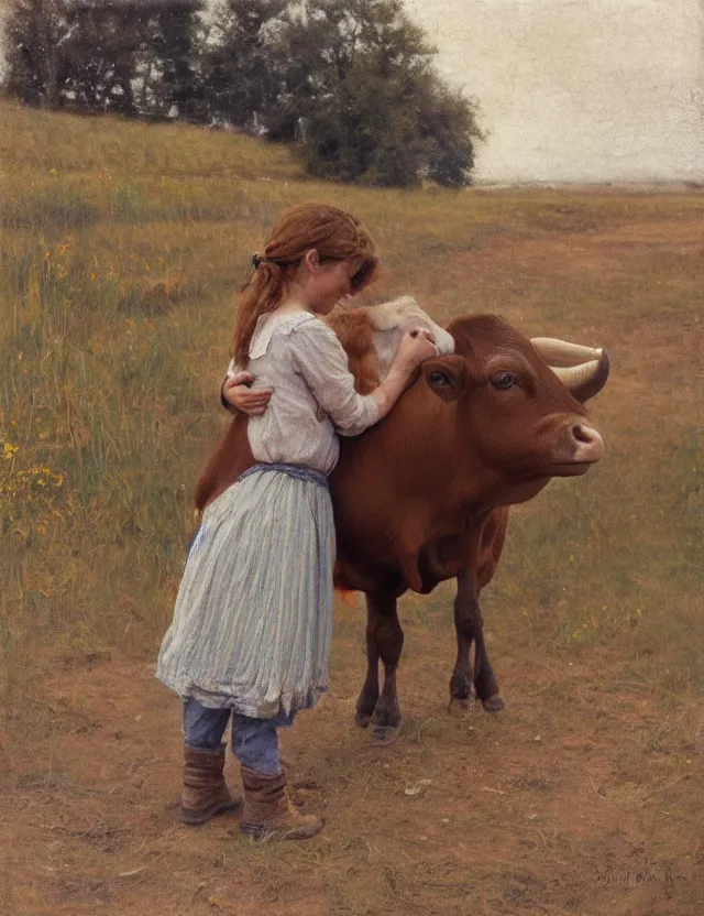 Image similar to portrait of peasant girl hugging a cow on a farm, cottage core, cinematic focus, polaroid photo bleached vintage pastel colors high - key lighting, soft lights, foggy, by steve hanks, by lisa yuskavage, by serov valentin, by tarkovsky, 8 k render, detailed, oil on canvas