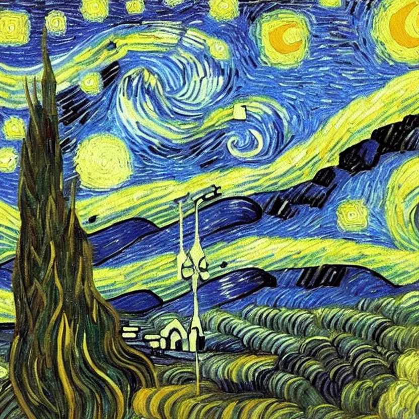 Image similar to An oil painting of a wise Elven King in the style of Starry Night by Vincent van Gogh