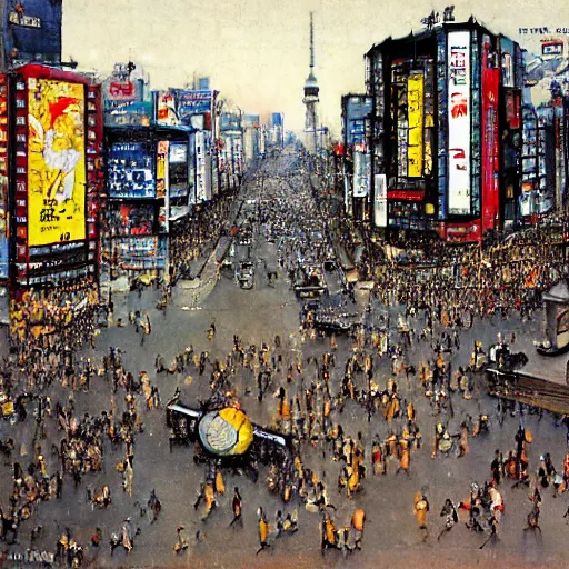 Image similar to Tokyo's Shibuya Crossing painted by Norman Rockwell