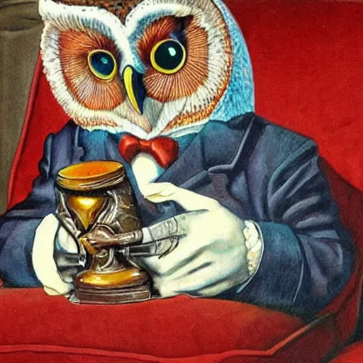 Prompt: an owl man sitting on a couch smoking a pipe, realistic masterpiece