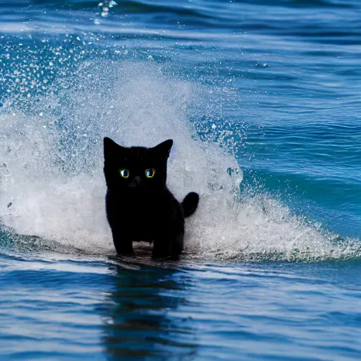 Image similar to black cute cat surfing on a surfboard, 8 k