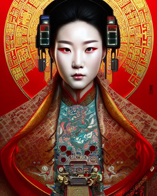 Image similar to portrait of a chinese cyberpunk machine, machine face, upper half portrait, decorated with chinese opera motifs, regal, asian, fine china, wuxia, traditional chinese art intricate intense elegant 京 剧 highly detailed digital painting artstation concept art smooth sharp focus illustration, art by artgerm and greg rutkowski alphonse mucha 8 k