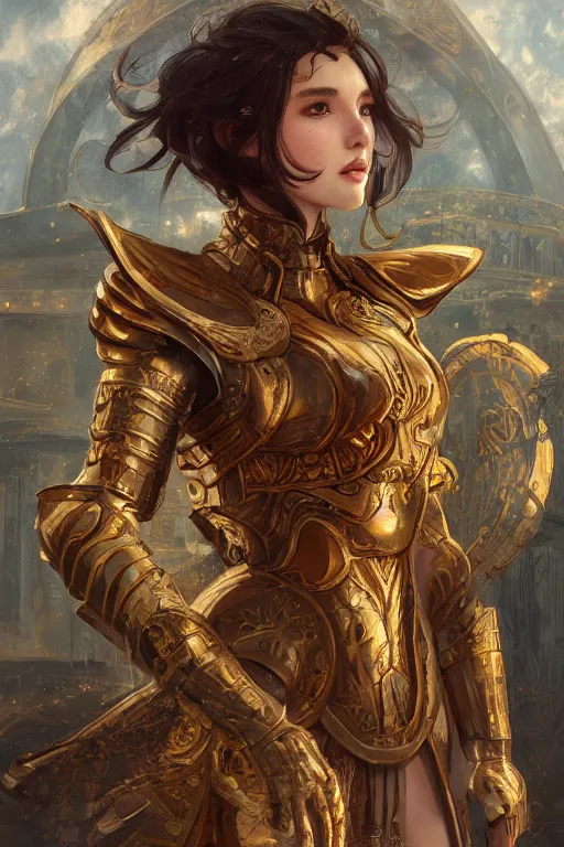 Image similar to portrait knights of Zodiac girl, golden and copper reflected armor, in ruined Agora of Athens, ssci-fi, fantasy, intricate, very very beautiful, elegant, highly detailed, digital painting, artstation, concept art, smooth, sharp focus, illustration, art by WLOP and tian zi and alphonse mucha