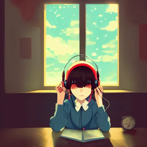 Image similar to lo - fi anime girl, wearing a blue cardigan and red aesthetic lo - fi headphones, studying in a brightly lit room, a lamp hovers above as it illuminates the room, nighttime!!!!!!, cgsociety contest winner, artstation, dim lighting, studio ghibli!!!, 4 k