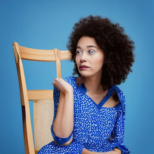 Image similar to woman in blue dress, studio, on IKEA chair, very coherent symmetrical face,