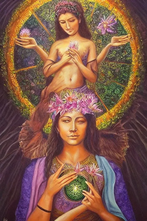 Prompt: an incredible painting of the goddess of healing and nature , she’s holding the glowing flower of life , oil painting , incredibly detailed