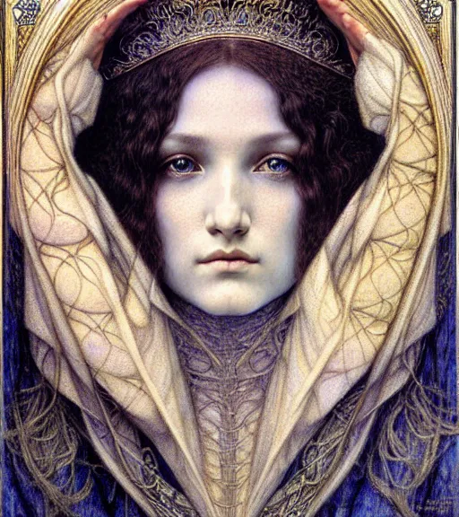 Image similar to detailed realistic beautiful young medieval queen face portrait by jean delville, gustave dore and marco mazzoni, art nouveau, symbolist, visionary, gothic, pre - raphaelite. horizontal symmetry