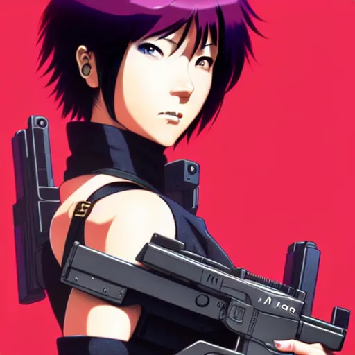 Image similar to motoko kusanagi with a gun in her hand, a character portrait by ilya kuvshinov, rossdraws, artgerm, sola digital arts, anti aliasing, trending on pixiv, sots art, official art, pixiv, anime raytracing