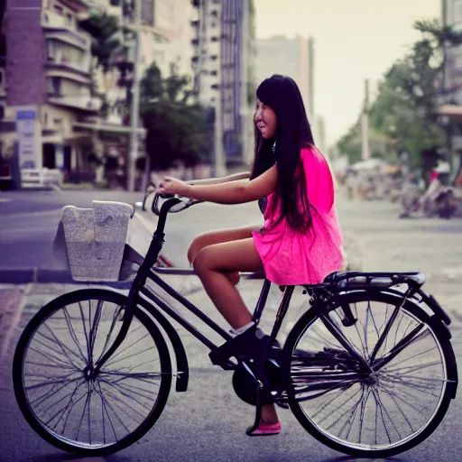 Image similar to an asian girl rides a bicycle on the street at dusk