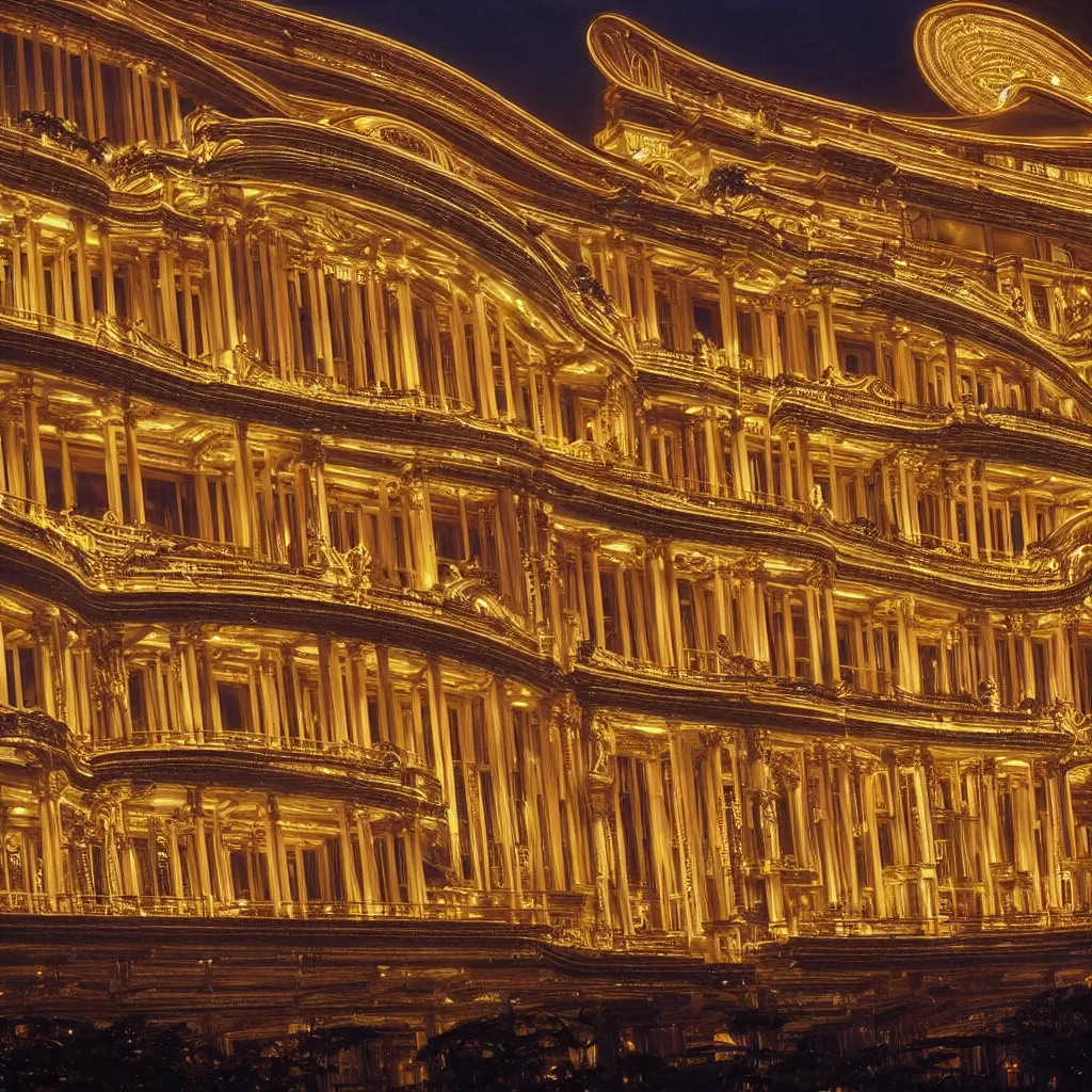 Prompt: kodak portra 4 0 0 photo of detailed opera house of guangzhou, with waterfalls and river, diffuse lighting, ultra detailed, sharp, intricate, elegant golden hour, wide angle, 3 5 mm, sharp focus, soft light, volumetric light, trending on pinterest, in the style of gregory crewdson and thomas kinkade, masterpiece