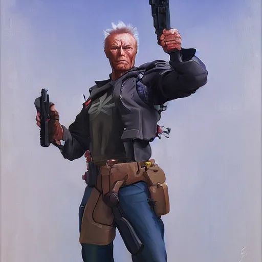 Image similar to greg manchess painting of clint eastwood as an overwatch character, profile picture, matte painting, bold shapes, hard edges, street art, trending on artstation, by huang guangjian and gil elvgren and sachin teng