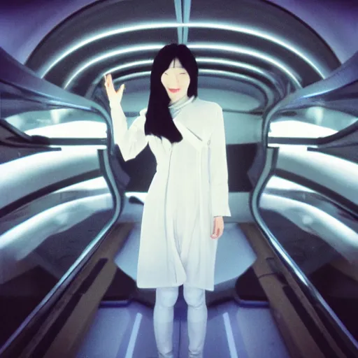 Image similar to a korean woman with long black hair and grey / black futuristic metallic clothing floating in zero - gravity in a spaceship with a white and blue futuristic interior. orange lighting, kodak film grain, expired film