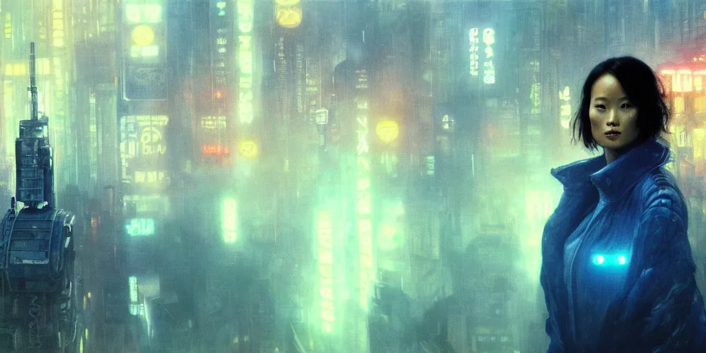 Image similar to 2 0 1 8 blade runner movie still jamie chung look at the cityscape from roof matrix perfect face fine realistic face pretty face neon puffy jacket blue futuristic sci - fi elegant by denis villeneuve tom anders zorn hans dragan bibin thoma greg rutkowski ismail inceoglu illustrated sand storm alphonse mucha