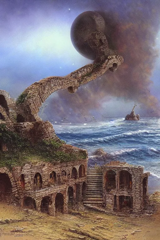 Prompt: ruins by the sea, matte painted by gustav moreau, bob eggleton