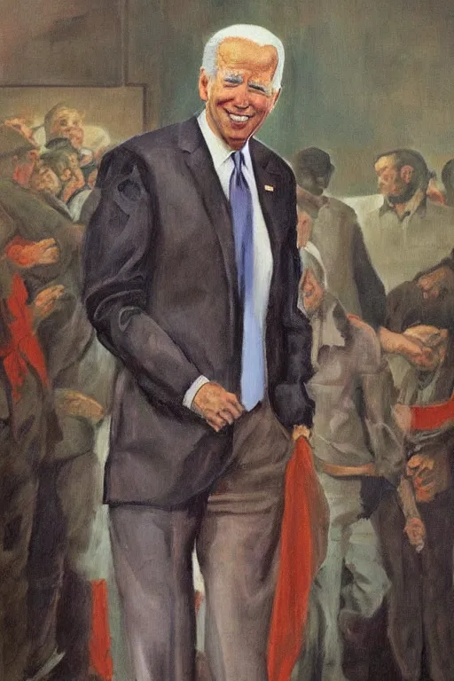 Prompt: Socialist realist painting of revolutionary leader Joe Biden by Isaak Brodsky, Highly detailed, full body portrait, masterpiece