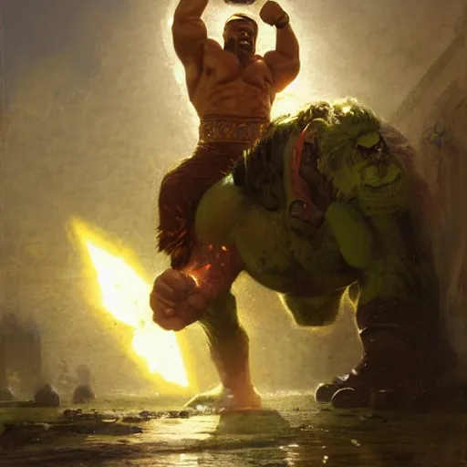 Image similar to the iron sheik breaking hulk hogan's back, radiant light, caustics, heroic, bright iridescent light, by gaston bussiere, bayard wu, greg rutkowski, maxim verehin, epic wrestling combat, legendary