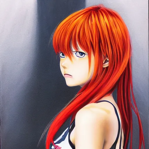 Prompt: Asuka Langley from Evangelion portrait drawn Yusuke Murata and Takeshi Obata, inspired by Death Note 2003 manga,intricate detail, photorealistic style,staring at the camera, intricate detailed oil painting, detailed illustration, oil painting, painterly feeling, sharp high detail, oil on canvas