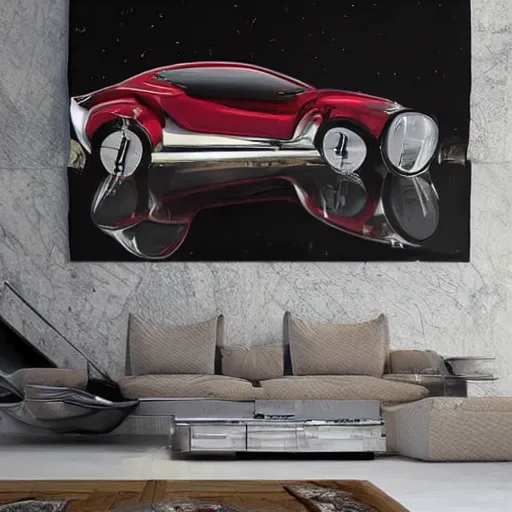 Image similar to sci-fi sport car f1 hatchback transport design organic smooth elastic forms 20% of canvas on the front; background wall structure on the coronation of napoleon painting 20% of canvas; by Jacques-Louis David, pinterest keyshot product render, cloudy plastic ceramic material shiny gloss water reflections, ultra high detail ultra realism, 4k