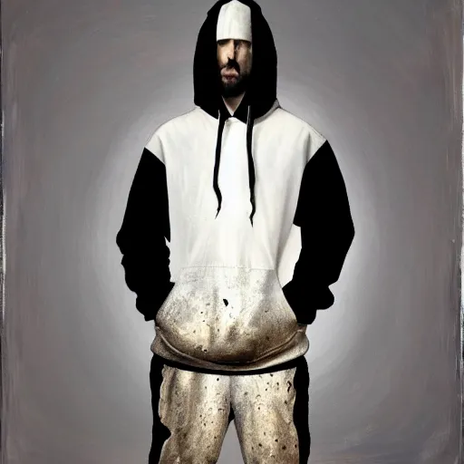 Prompt: a full body portrait of modern day jesus wearing yeezus streetwear hoodie and pants by nicola samori, oil painting, realistic, 8 k, adidas sneakers style