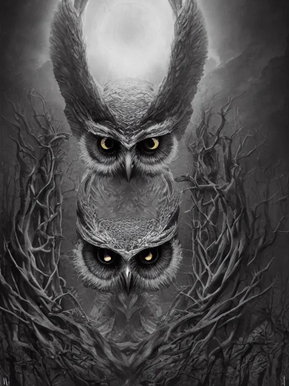 Image similar to a beautiful hyper realistic detailed matte portrait of the old owl, a strange being haunting this land from a forgotten time, lovecraftian style, dramatic lighting, dynamic lighting, cinematic lighting, by maurits cornelis escher, black and white, featured on artstation