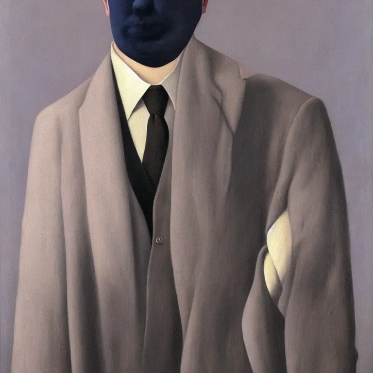 Image similar to portrait of a ghost in a suit, by rene magritte, detailed painting, hd, hq, high resolution, high detail, 4 k, 8 k