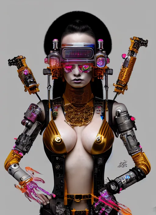 Image similar to full body portrait of a cyberpunk geisha raver gutter punk cyborg, golden ratio, details, scifi, dark fantasy, cyberpunk, intricate, ornate, highly detailed, octane render, 8 k, artstation, loish, wlop