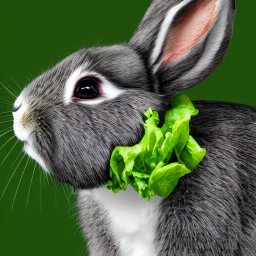 Image similar to Rabbit eating lettuce, black and white fur, very furry, pink nose , photorealistic, ultra-detailed, 4k high resolution, HDR shot