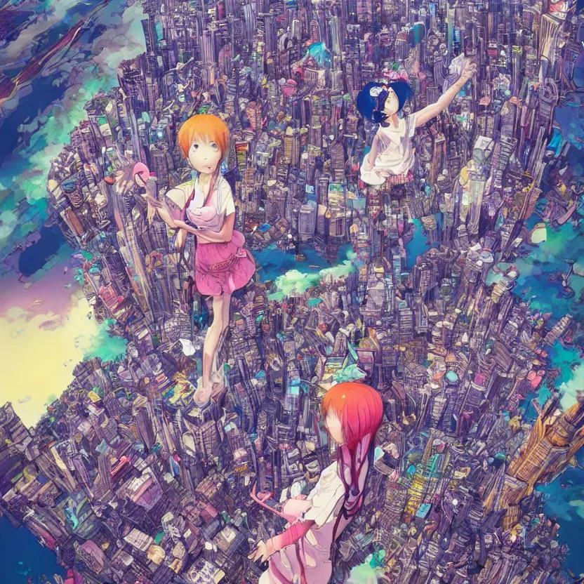 Image similar to a very detailed art of a goddess above a city by inio asano, beeple and james jean, hiroyuki takahashi color scheme, digital art, 4 k, trending on artstation