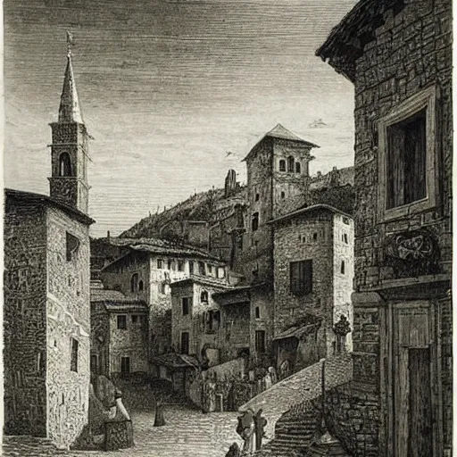 Prompt: medieval italian town landscape, gustave dore lithography