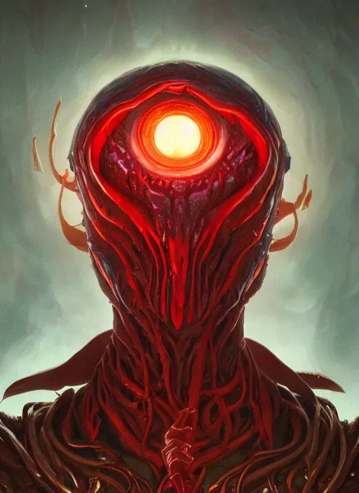 Image similar to Portrait of a Mind Flayer, red glowing eyes, fantasy, extremely detailed, digital painting, artstation, concept art, smooth, sharp focus, illustration, stunning lighting, art by artgerm and greg rutkowski and alphonse mucha and simon stalenhag, realistic character concept, high fantasy, dark atmosphere, golden ratio, cinematic lighting, hyperdetailed, high resolution, insanely detailed and intricate, artstation, Marc Simonetti, Greg Rutkowski, 8k