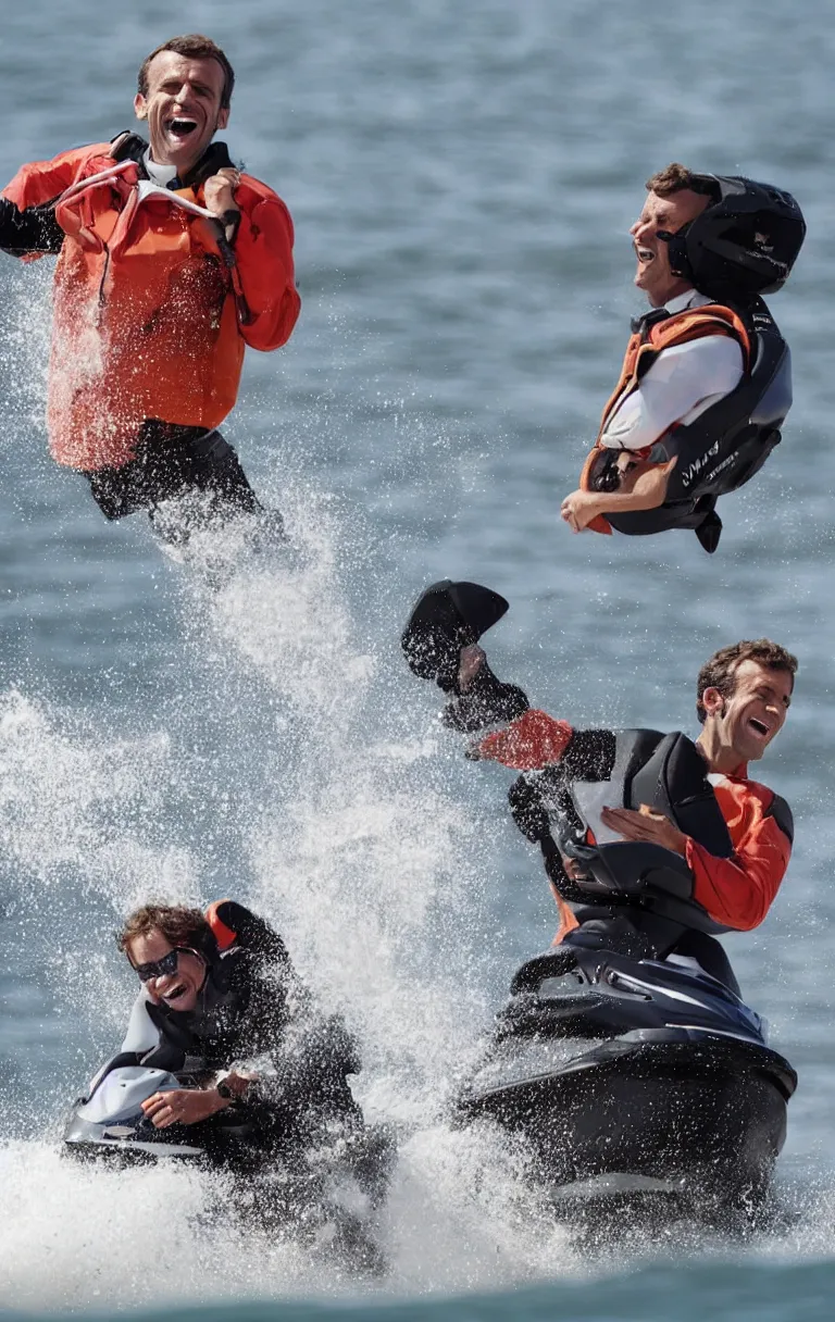 Prompt: portrait of emmanuel macron laughing on a jetski while big fires spread